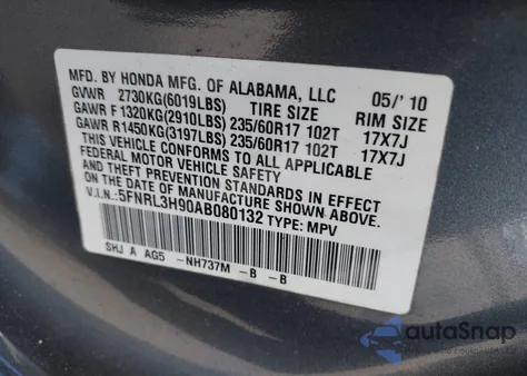 2010 Honda Odyssey Touring from USA, damaged, VIN 5FNRL3H90AB080132